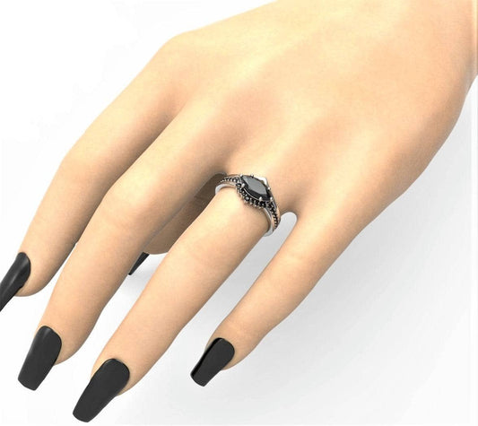 Beautiful In My Eyes- Black Moissanite Marquise Cut 14k White Gold Gothic Wedding Ring-Black Diamonds New York