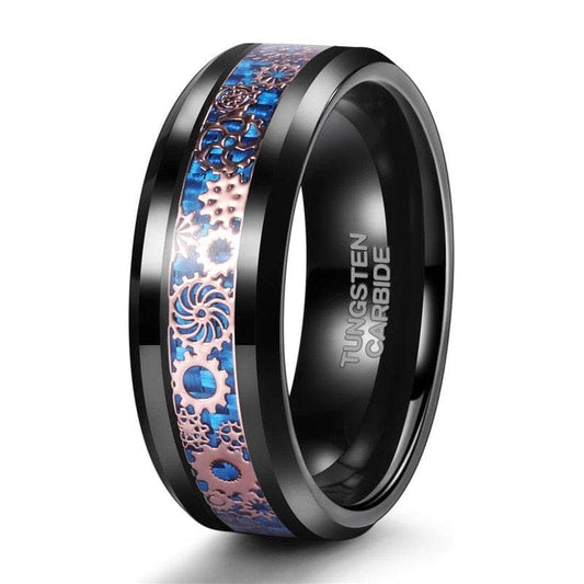 Blue & Gears Inlay Men's Tungsten Wedding Band-Black Diamonds New York