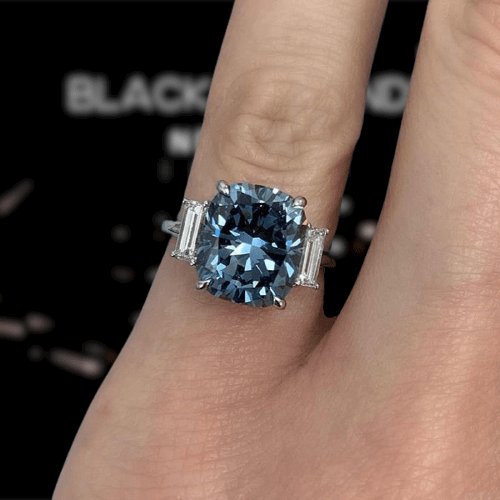 Blue Sapphire Cushion Cut Three Stone Engagement Ring-Black Diamonds New York