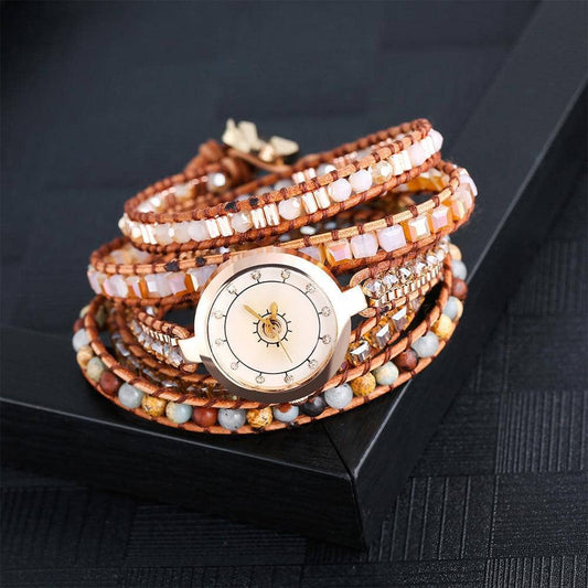 Bohemian Bracelet/Watch with Natural Stone & Genuine Leather-Black Diamonds New York