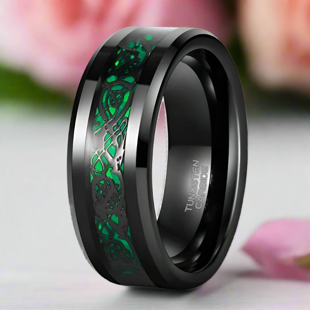 Celtic Dragon Men's 8mm Tungsten Wedding Band-Black Diamonds New York