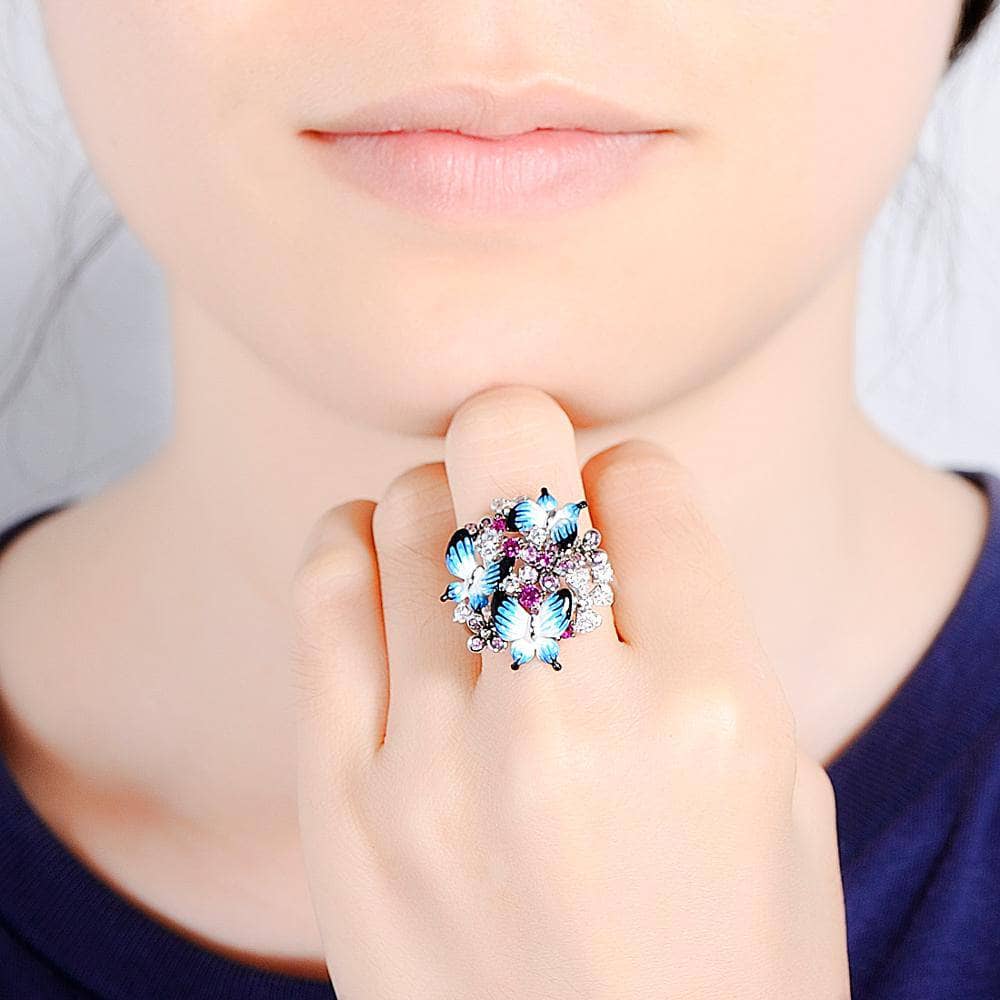 Colorful Enamel Blue Butterfly with Created Diamond Jewelry Set-Black Diamonds New York