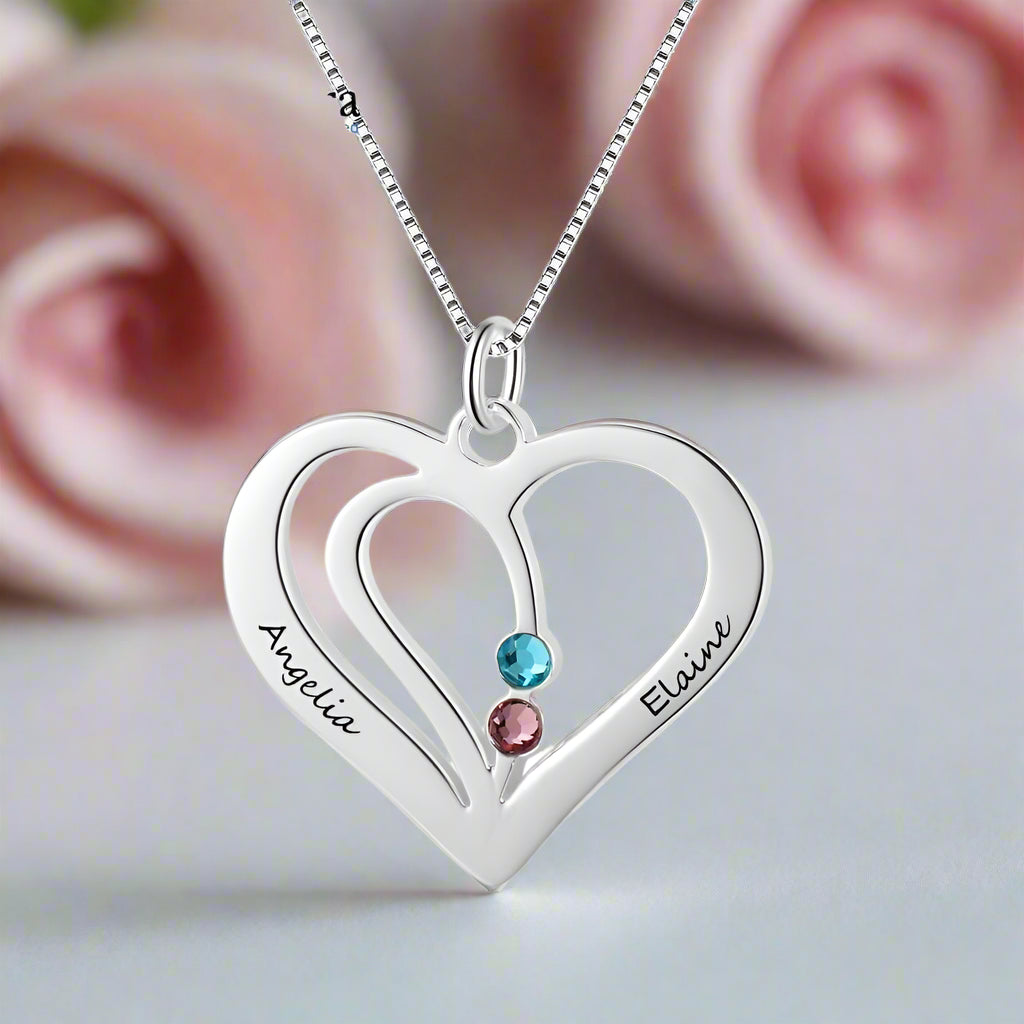 Custom Engraved Name Heart Necklace with Birthstone – Black