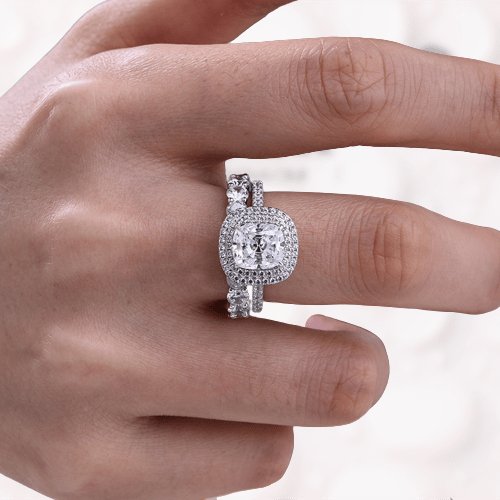 Double Halo 3.0 Carat Cushion Cut Wedding Ring Set-Black Diamonds New York