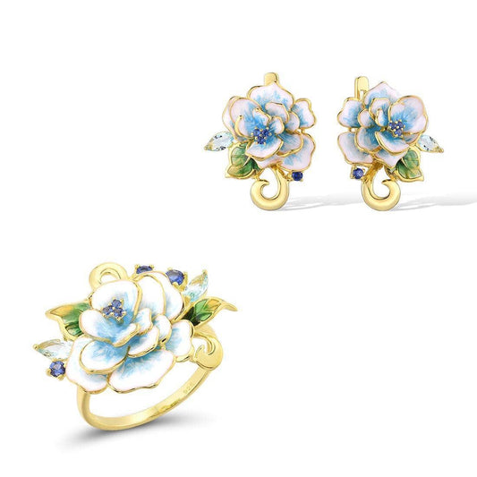 Elegant Blue Enamel Flower with EVN Stone Jewelry Set-Black Diamonds New York