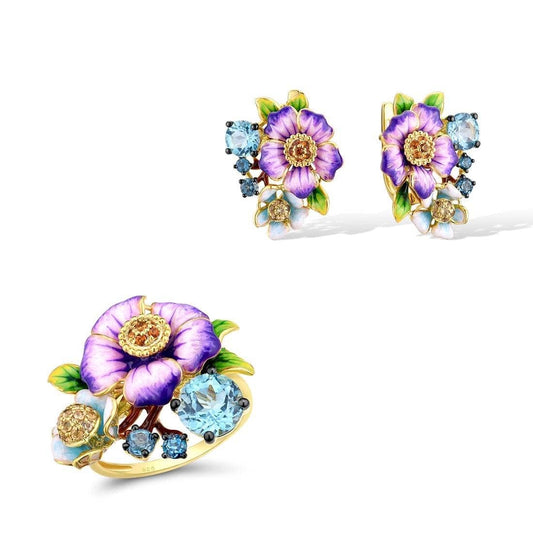 Elegant Purple Enamel Flower with EVN Stone Jewelry Set-Black Diamonds New York