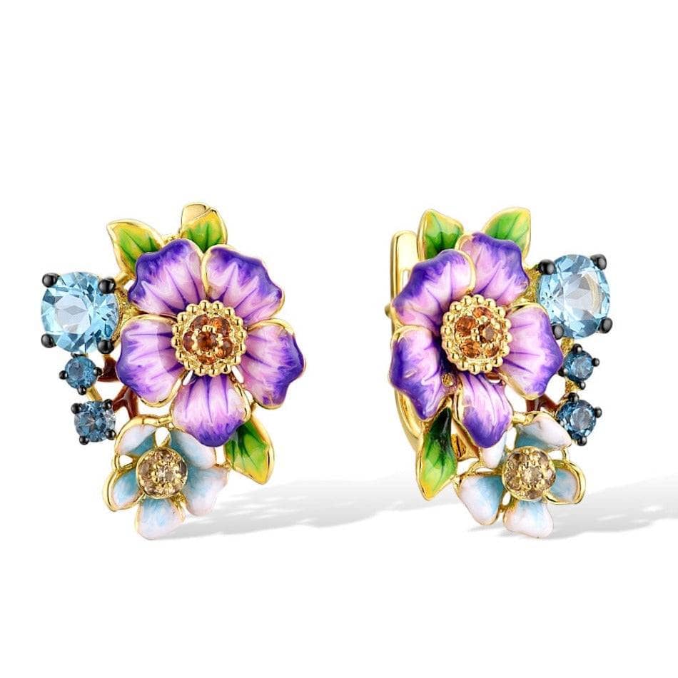 Elegant Purple Enamel Flower with Created Diamond Jewelry Set-Black Diamonds New York