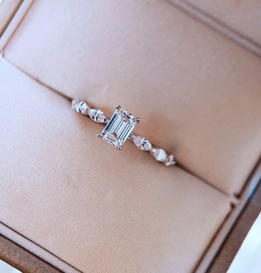 Emerald and Marquise Cut Moissanite Diamond Engagement Ring-Black Diamonds New York