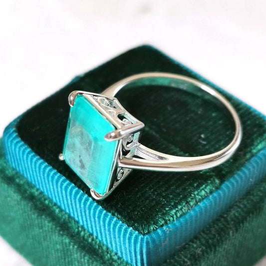 Emerald Cut Paraiba Tourmaline 4 claw Engagement Ring-Black Diamonds New York