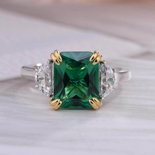 Emerald Green Cushion Cut Three Stone Engagement Ring-Black Diamonds New York