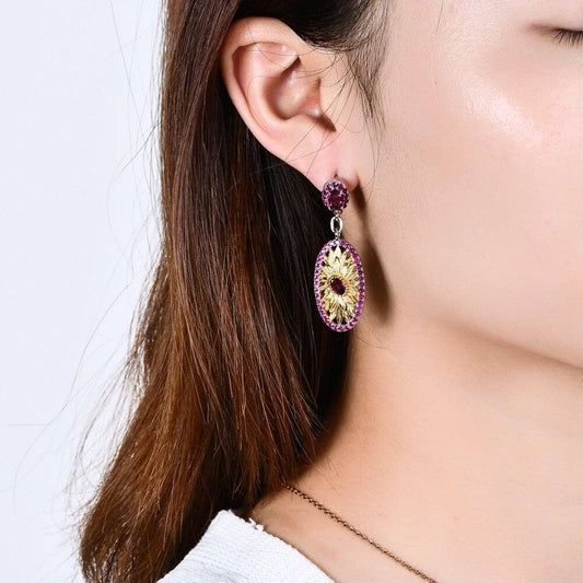 Exquisite Sunflower Long Earrings-Black Diamonds New York