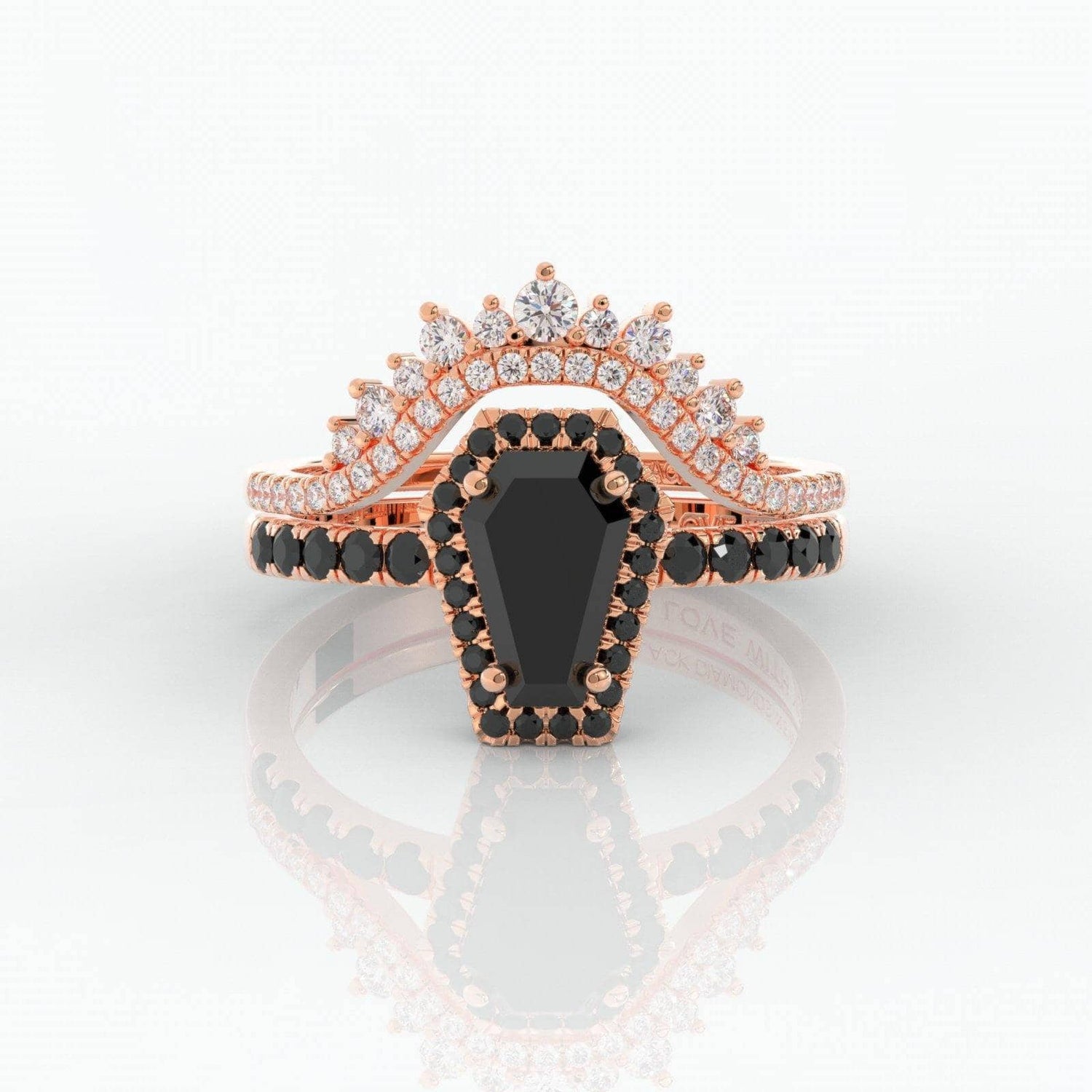 Flash Sale- Best Love Rings- Rare Coffin Cut Moissanite 14k Gold Gothic Ring Set-Black Diamonds New York
