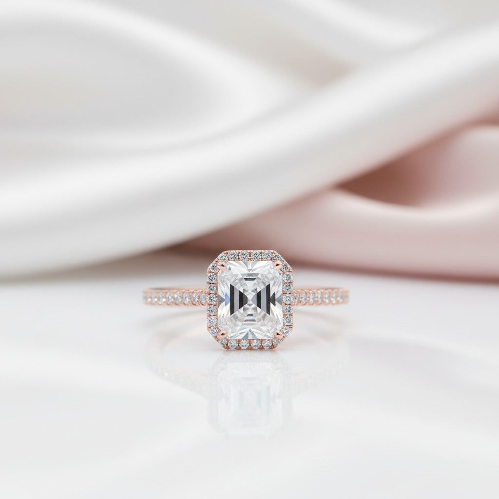 slim fit dress slacks Classic Rose Gold Halo Radiant Cut Engagement Ring 925 Silver+rose Gold/ Diamond / 6