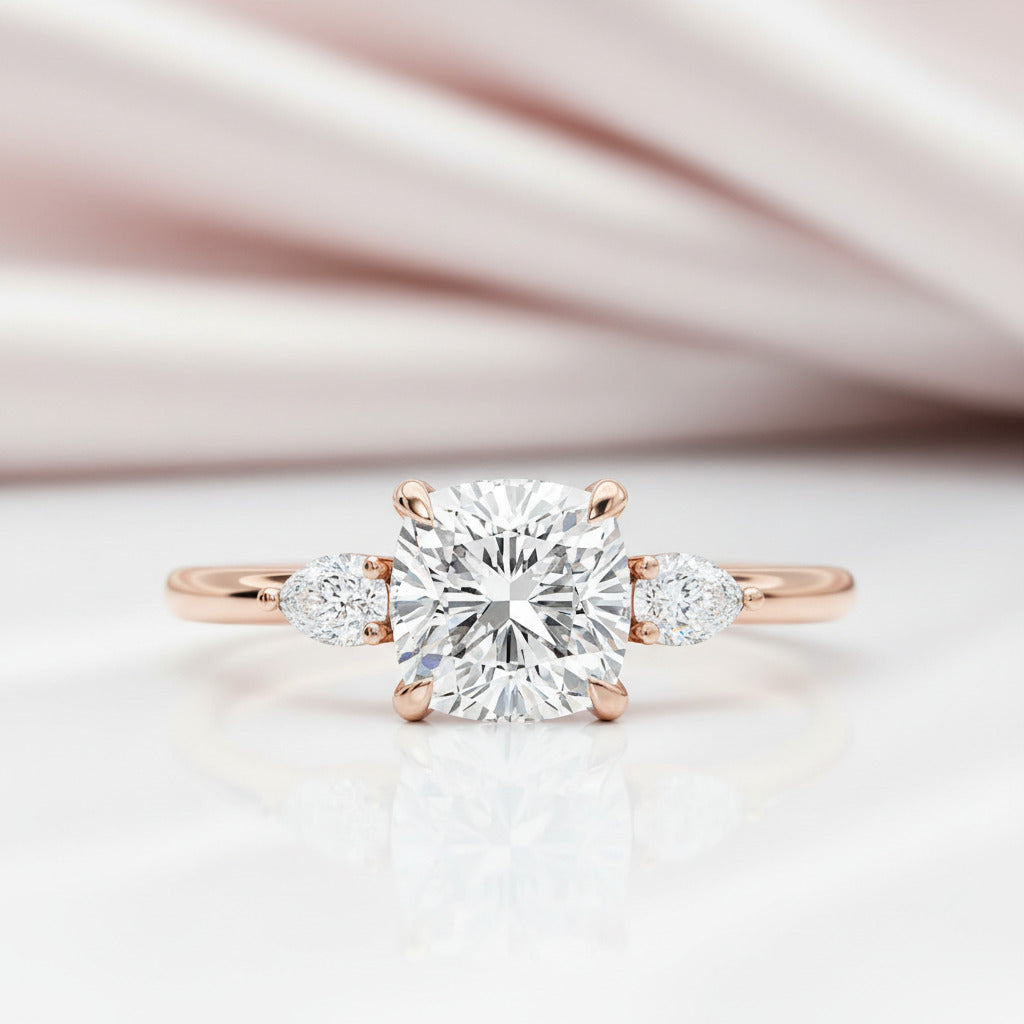 Rose Gold Cushion Cut Three Stone Diamond Engagement Ring