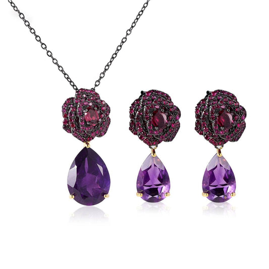Flower Rose Natural Amethyst Jewelry Set-Black Diamonds New York