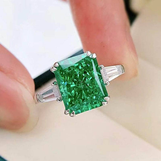 Gorgeous Emerald Green Radiant Cut Three Stone Engagement Ring-Black Diamonds New York