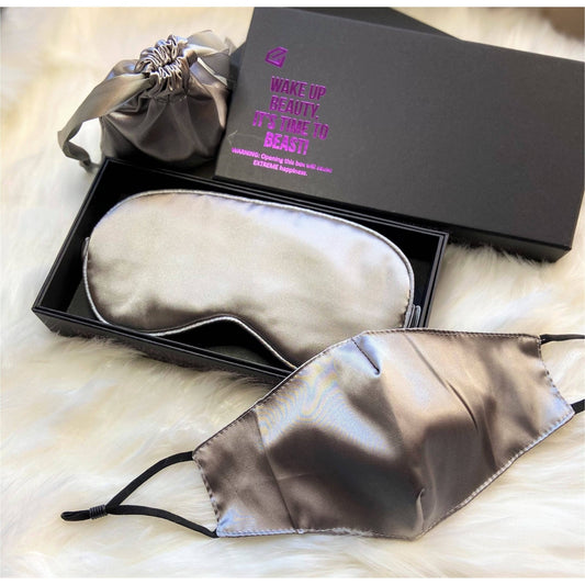 Grey Silk Sleep Mask & Face Mask Luxe Gift Set-Black Diamonds New York