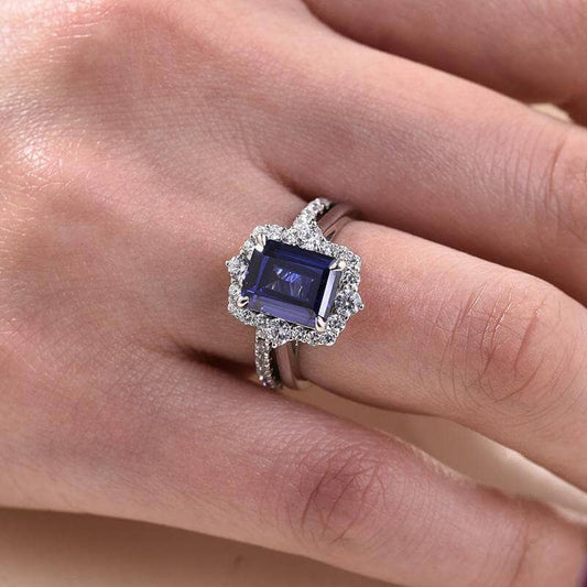 Halo Blue Sapphire Emerald Cut Wedding Ring Set-Black Diamonds New York