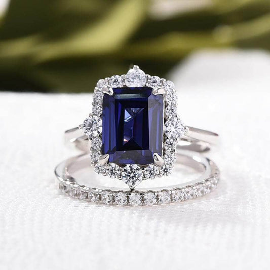 Halo Blue Sapphire Emerald Cut Wedding Ring Set-Black Diamonds New York