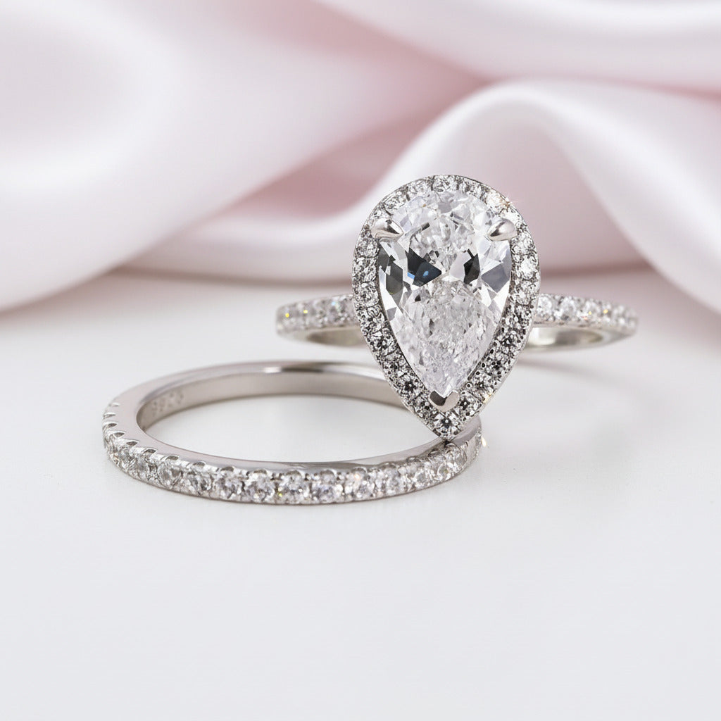 Halo Pear Cut Pear Shaped Wedding Band Set Halo Pear Cut White