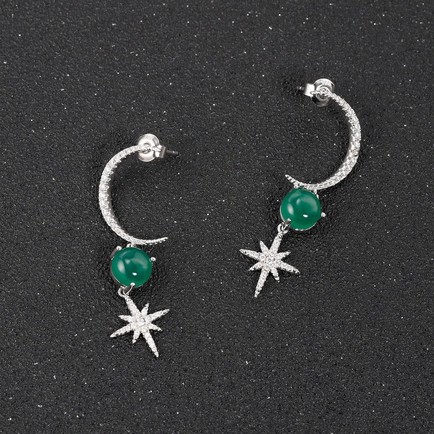 Moon Star Natural Green Agate Gemstone Drop Earrings-Black Diamonds New York