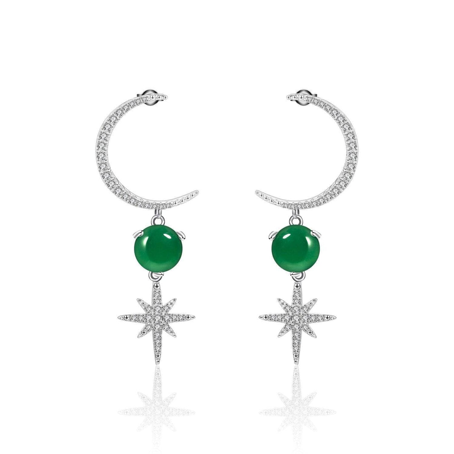 Moon Star Natural Green Agate Gemstone Drop Earrings-Black Diamonds New York