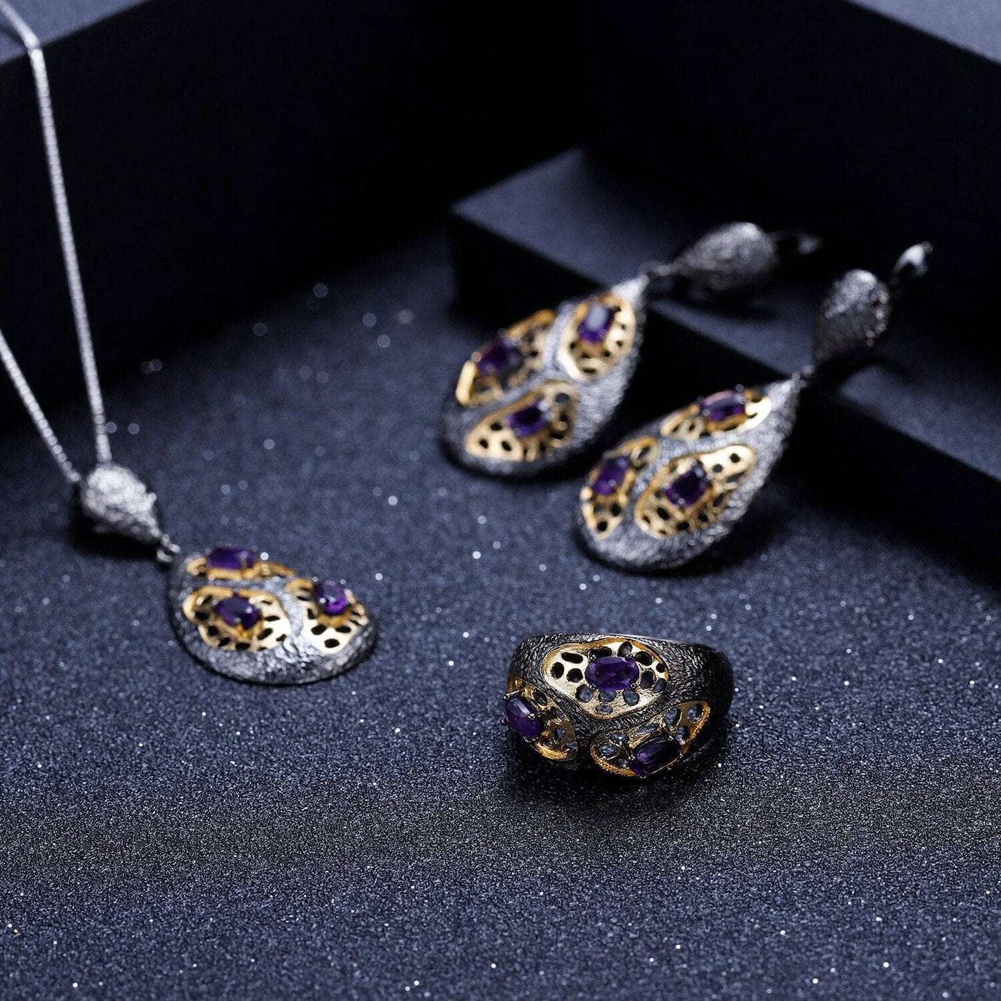 Natural Amethyst Handmade Drop Earrings-Black Diamonds New York