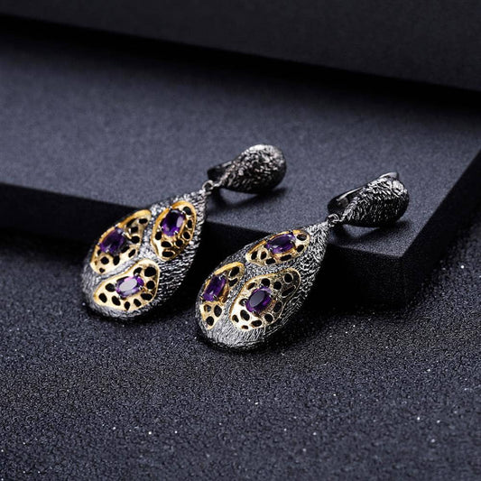 Natural Amethyst Handmade Drop Earrings-Black Diamonds New York