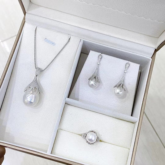 Natural Fresh Water White Pearl Jewelry Set-Black Diamonds New York