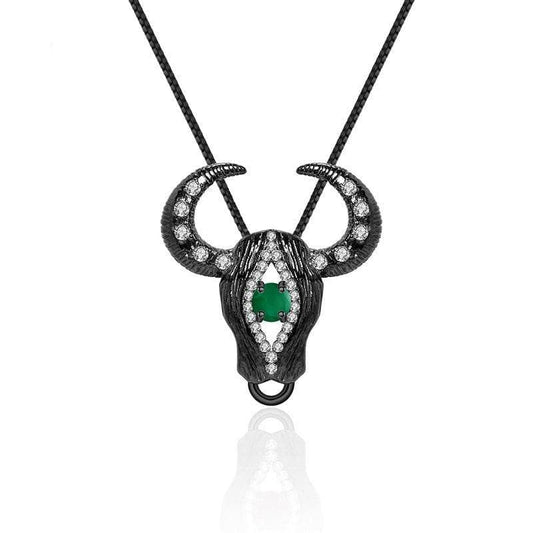 Natural Green Agate Bull Head Necklace-Black Diamonds New York