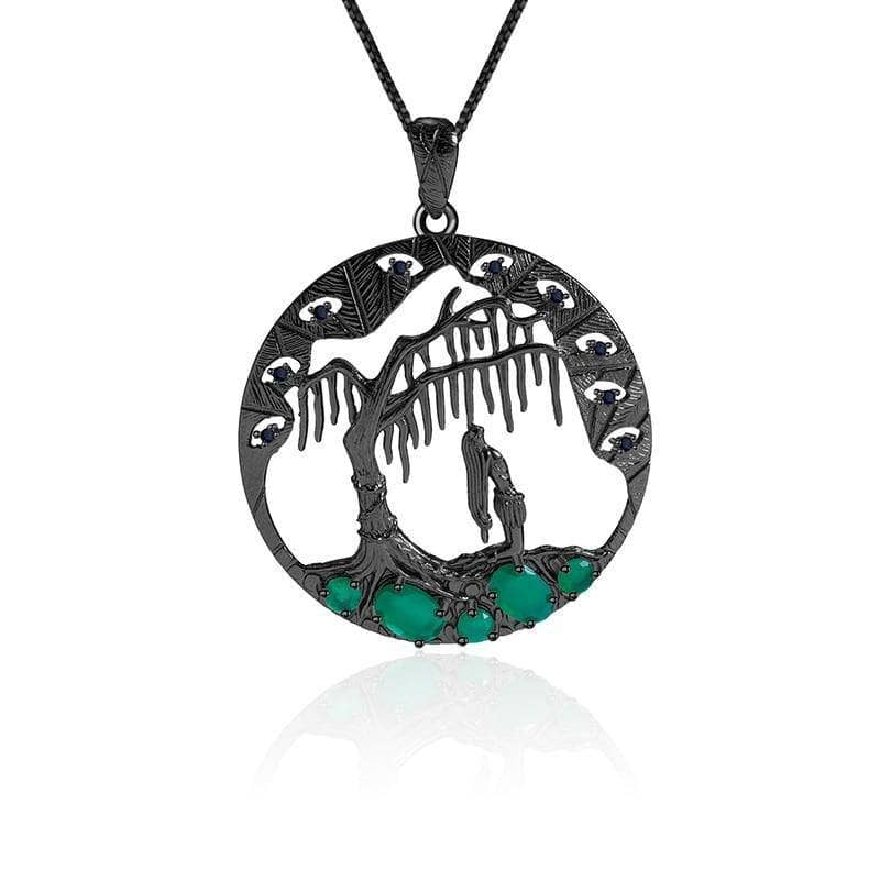 Natural Green Agate Gemstone Halloween Pendant Necklace-Black Diamonds New York