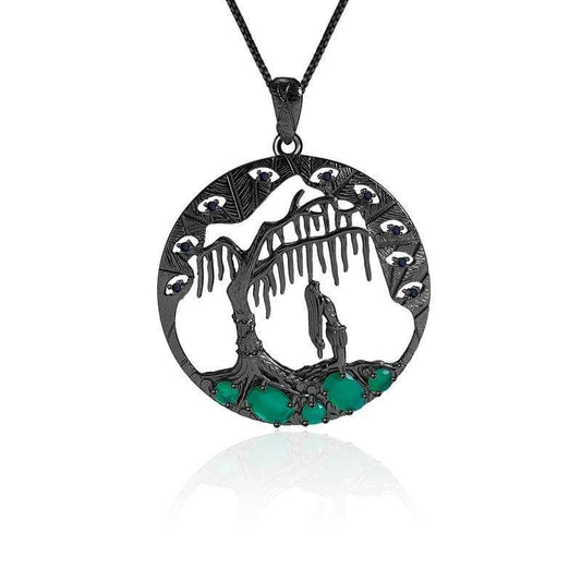 Natural Green Agate Gemstone Halloween Pendant Necklace-Black Diamonds New York