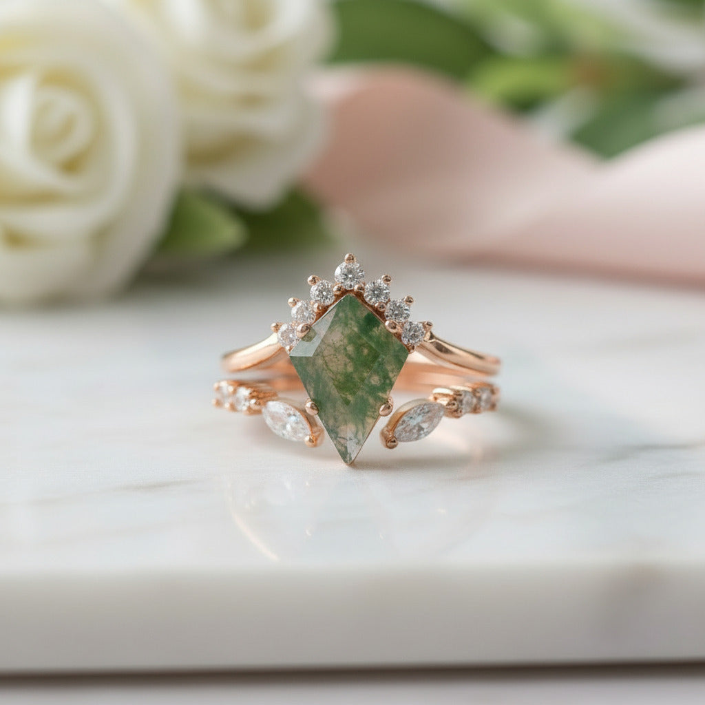 Natural Moss Agate Rhombus Shape Engagement Ring – Black Diamonds
