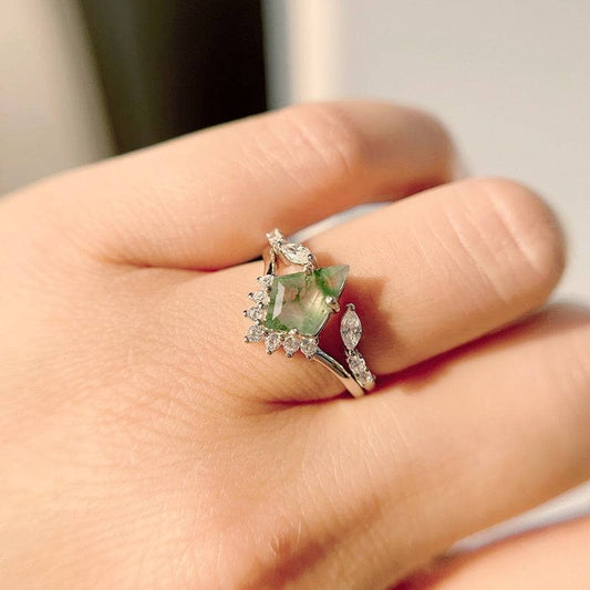 Natural Moss Agate Rhombus Shape Engagement Ring-Black Diamonds New York