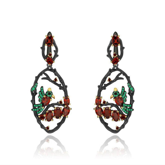 Natural Red Garnet Gemstone Flower Buds Bird Earrings-Black Diamonds New York