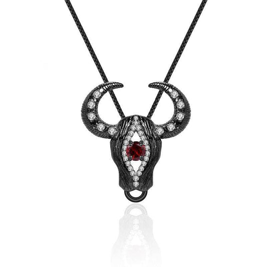 Natural Red Garnet Handmade Bull Head Necklace-Black Diamonds New York