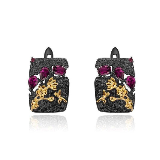 Natural Rhodolite Garnet Humming Bee Flower Earrings-Black Diamonds New York