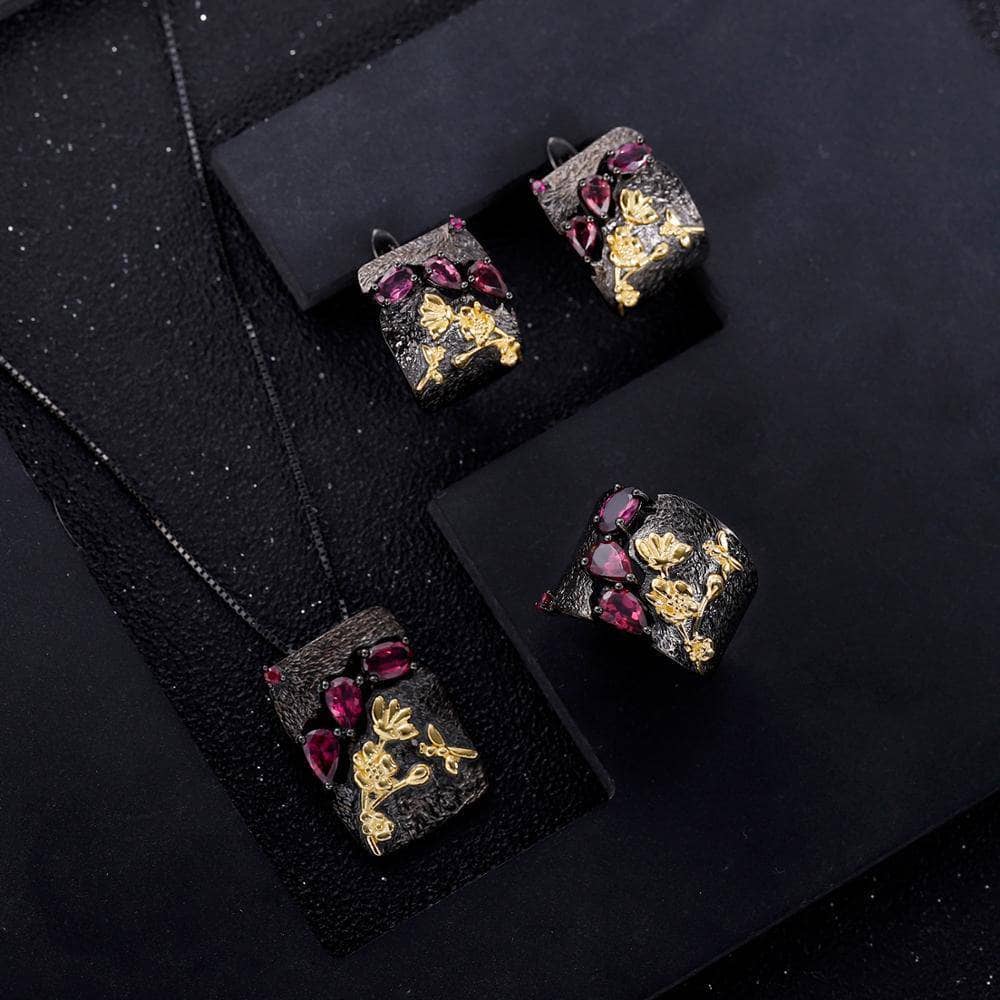 Natural Rhodolite Garnet Humming Bee Flower Earrings-Black Diamonds New York