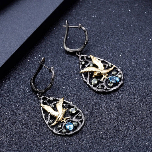 Natural Swiss Blue Topaz Gemstones Handmade Bird on the Tree Drop Earrings-Black Diamonds New York