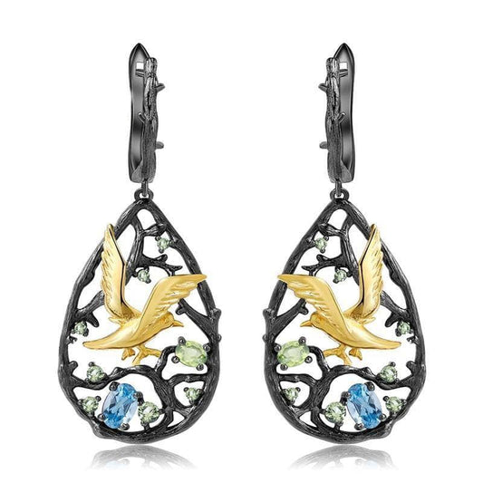 Natural Swiss Blue Topaz Gemstones Handmade Bird on the Tree Drop Earrings-Black Diamonds New York
