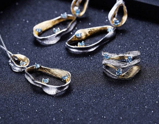 Natural Swiss Blue Topaz Twist Jewelry Set-Black Diamonds New York