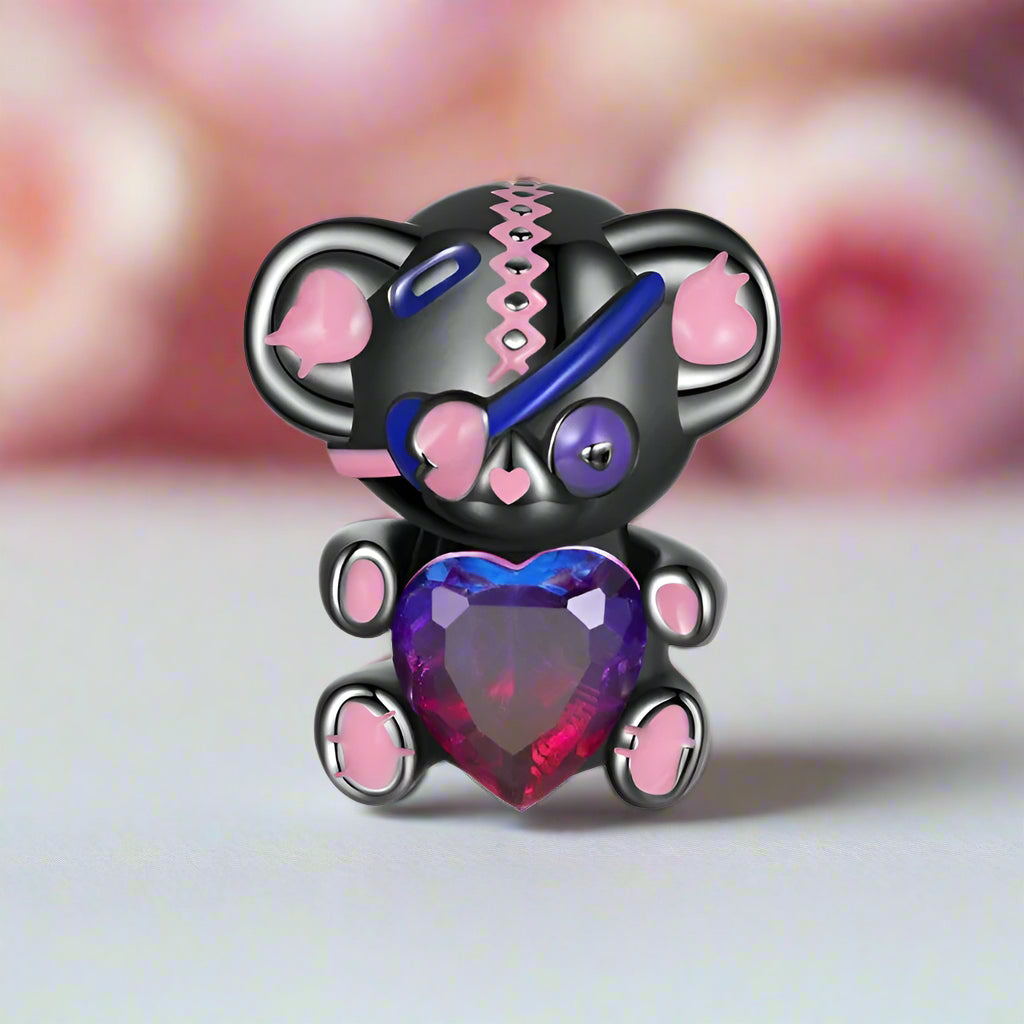 One-eyed Black & Pink Rebellious Bear Charm-Black Diamonds New York