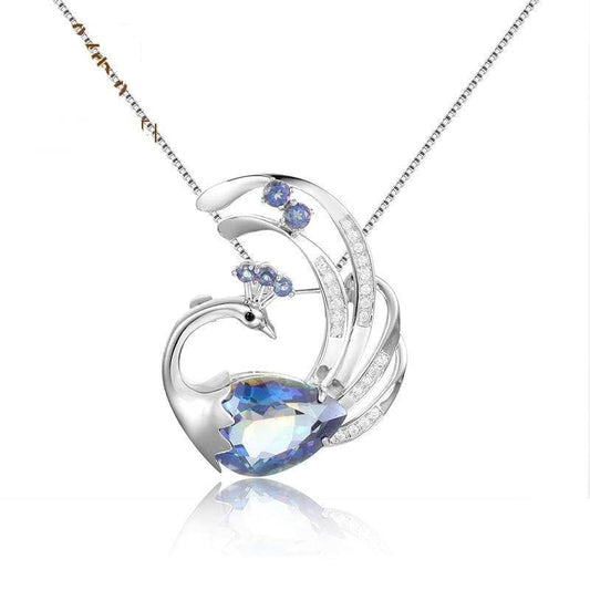 Peacock Brooch Blueish Mystic Quartz Pendant Necklace-Black Diamonds New York