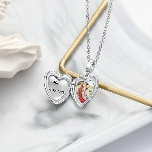 Personalized Heart Locket Photo Charm Necklace with Engraving-Black Diamonds New York