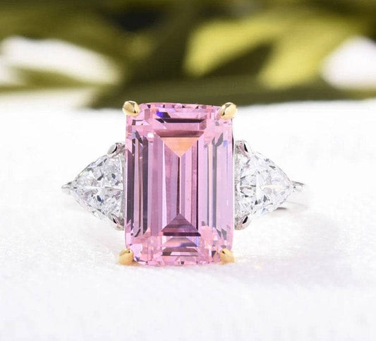 Pink Sapphire Emerald Cut Three Stone Engagement Ring-Black Diamonds New York