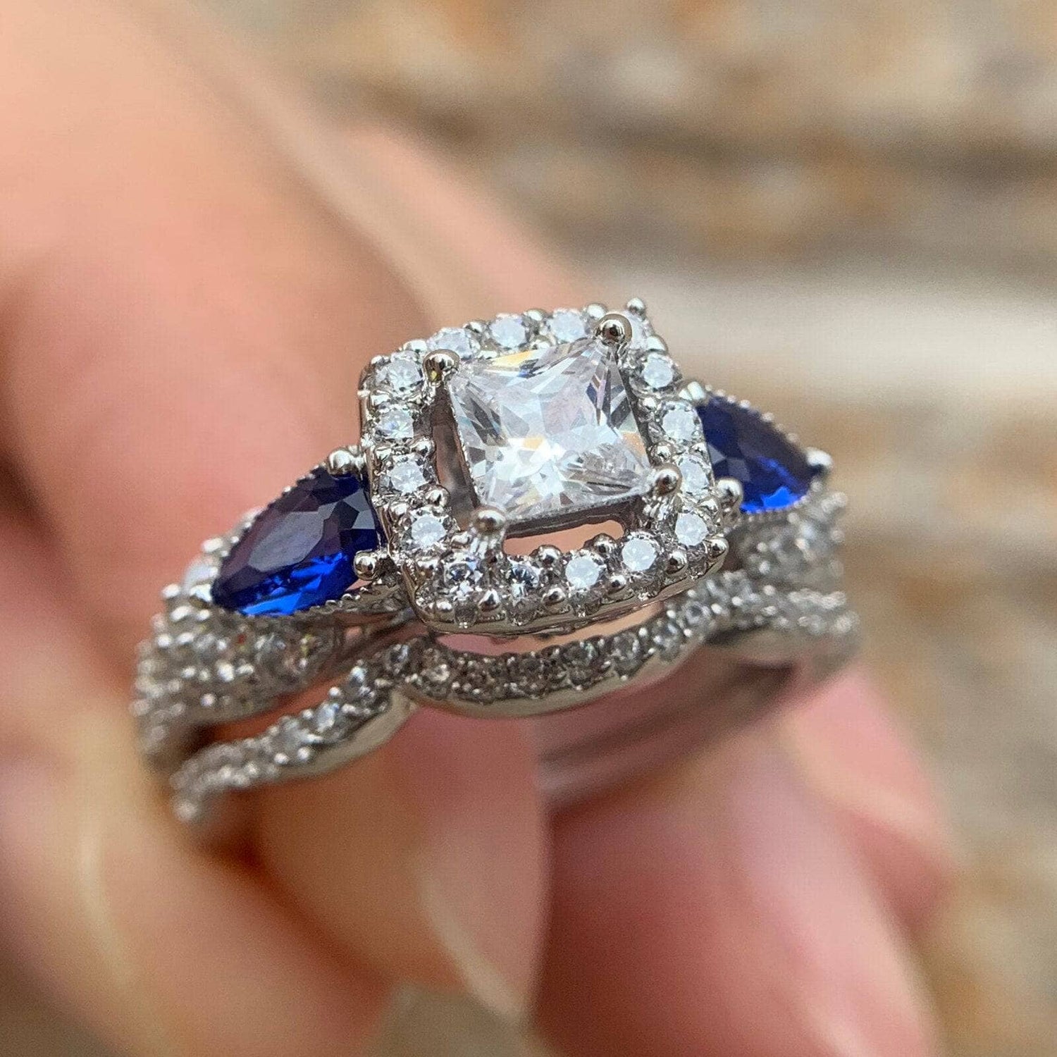 Princess Cut Blue Pear EVN Stone Ring Set - Black Diamonds New York-Black Diamonds New York