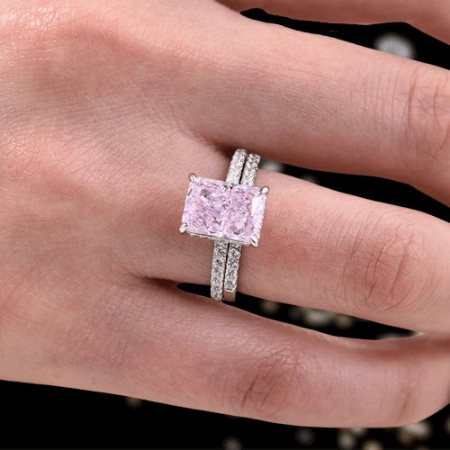 Radiant Cut Elegant Pink Stone Wedding Ring Set-Black Diamonds New York