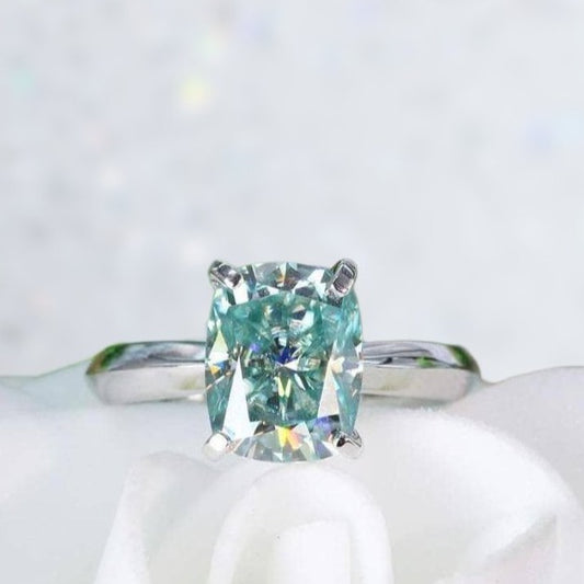 Rare Blue Green Cushion Cut Moissanite Ring-Black Diamonds New York