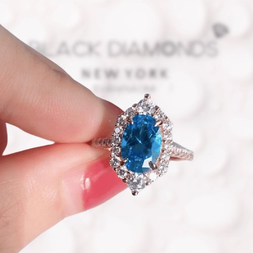 Rose Gold Aquamarine Oval Cut Engagement Ring-Black Diamonds New York
