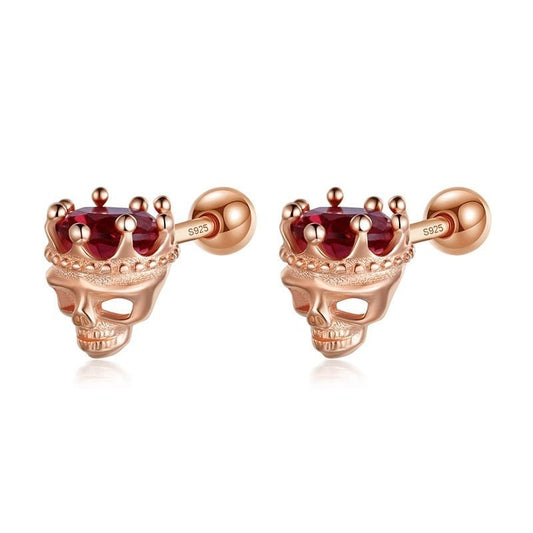 Rose Gold Crowned Skull Head Screw Stud Earrings-Black Diamonds New York
